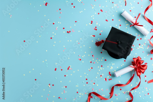  a top view of a graduation cap and diploma with in the style of a decoration concept for an education day celebration. 