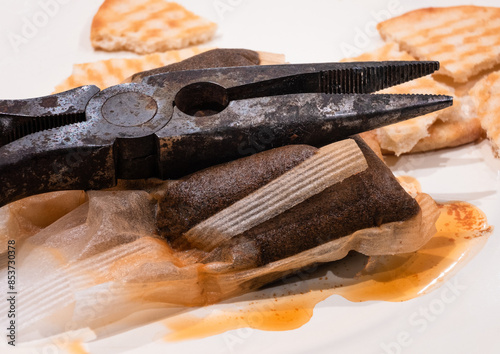 a pair of rusty, patinated pliers rests atop a dark brown tea bag. The pliers, with their worn-out appearance are a symbol of work and effort. photo