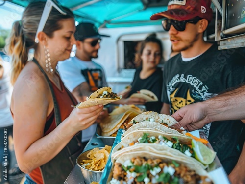 A group of food enthusiasts on a gourmet taco sampling tour at a trendy food truck in austin, texas. They are savoring and discussing the unique flavors and ingredients of the delicious tacos.