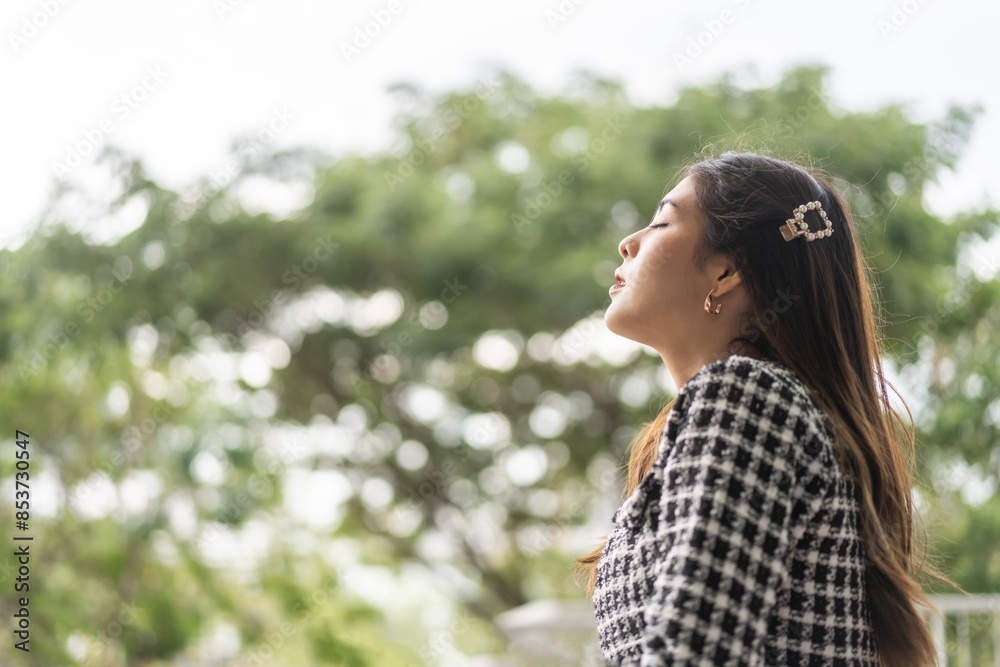 Portrait of smiling beauty pretty asian woman comfortable fresh healthy smile happy and relax, happy calm, resting, breathing fresh air.Girl felling wellbeing enjoy at home Portrait of smiling beauty pretty asian woman comfortable fresh healthy smile happy and relax, happy calm, resting, breathing fresh air.Girl felling wellbeing enjoy at home