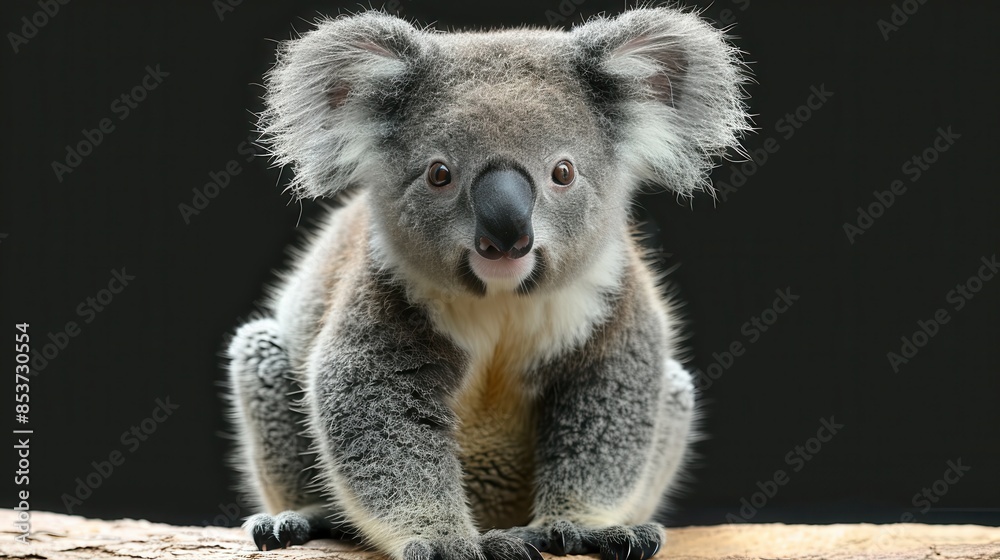 Fototapeta premium An adorable koala sits against a black background, giving the camera a seemingly surprised look