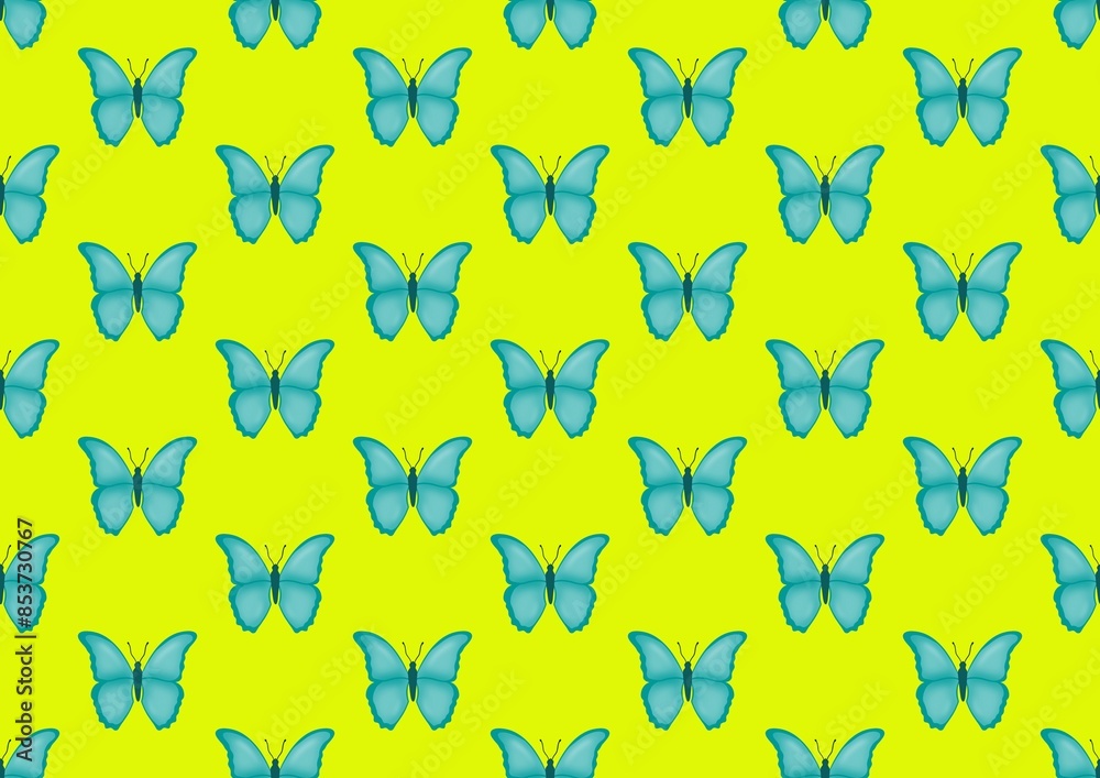 Fototapeta premium Butterfly. Pattern with butterflies. Blue butterfly and yellow background. Nature. Summer season