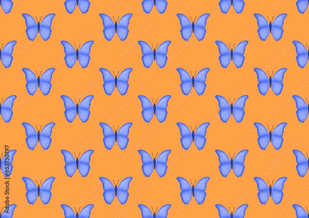 Butterfly. Pattern with butterflies. Blue butterfly and orange background. Nature. Summer season
