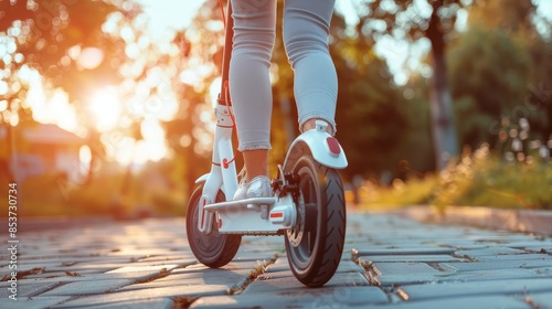 Detailed shot of a foot in a white shoe pressing a pedal on an electric scooter photo