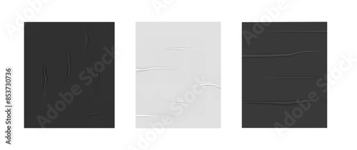 Set and collection of glued posters. Mock up. Collage trend element for design. Vector. Paper. The sheet are wrinkled. Texture for the template. Realistic. Blank white album. Sticker label. Wet grease