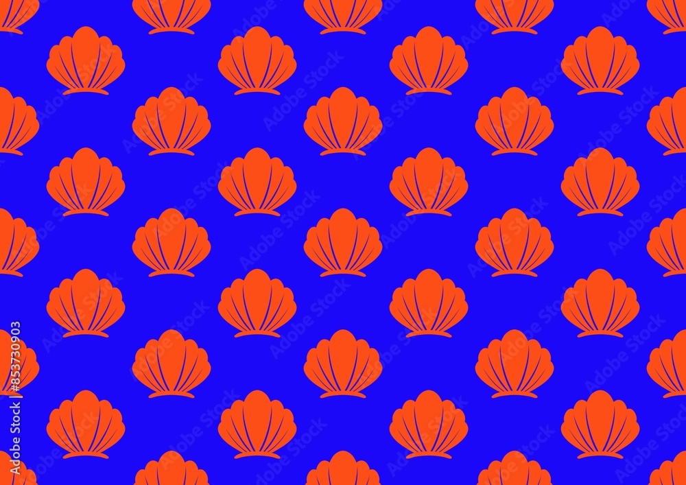 Fototapeta premium Pattern with clams. Pattern with shells. Shellfish in the ocean. Shells in the sea. Red seashells on a blue background. Summer time, entertainment and rest