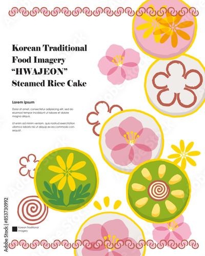한국 전통 음식 '화전', 꽃잎과 여러가지 재료들로 장식된 떡, 벡터 템플릿 일러스트레이션				
