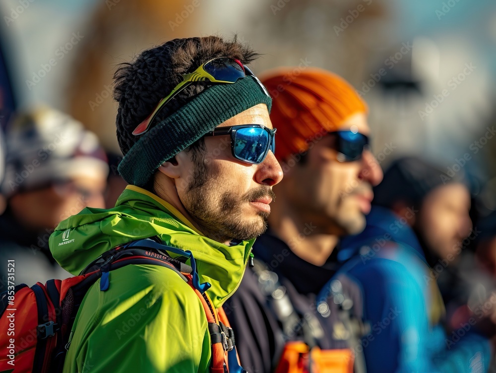 A group of race participants prepares for the event, displaying a mix of emotions and adrenaline. The image captures the pre-race energy and anticipation.