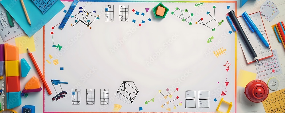 A classroom bulletin board with math problems, geometric shapes, and colorful borders, with copy space on the left for text A classroom bulletin board with math problems, geometric shapes, and colorful borders, with copy space on the left for text