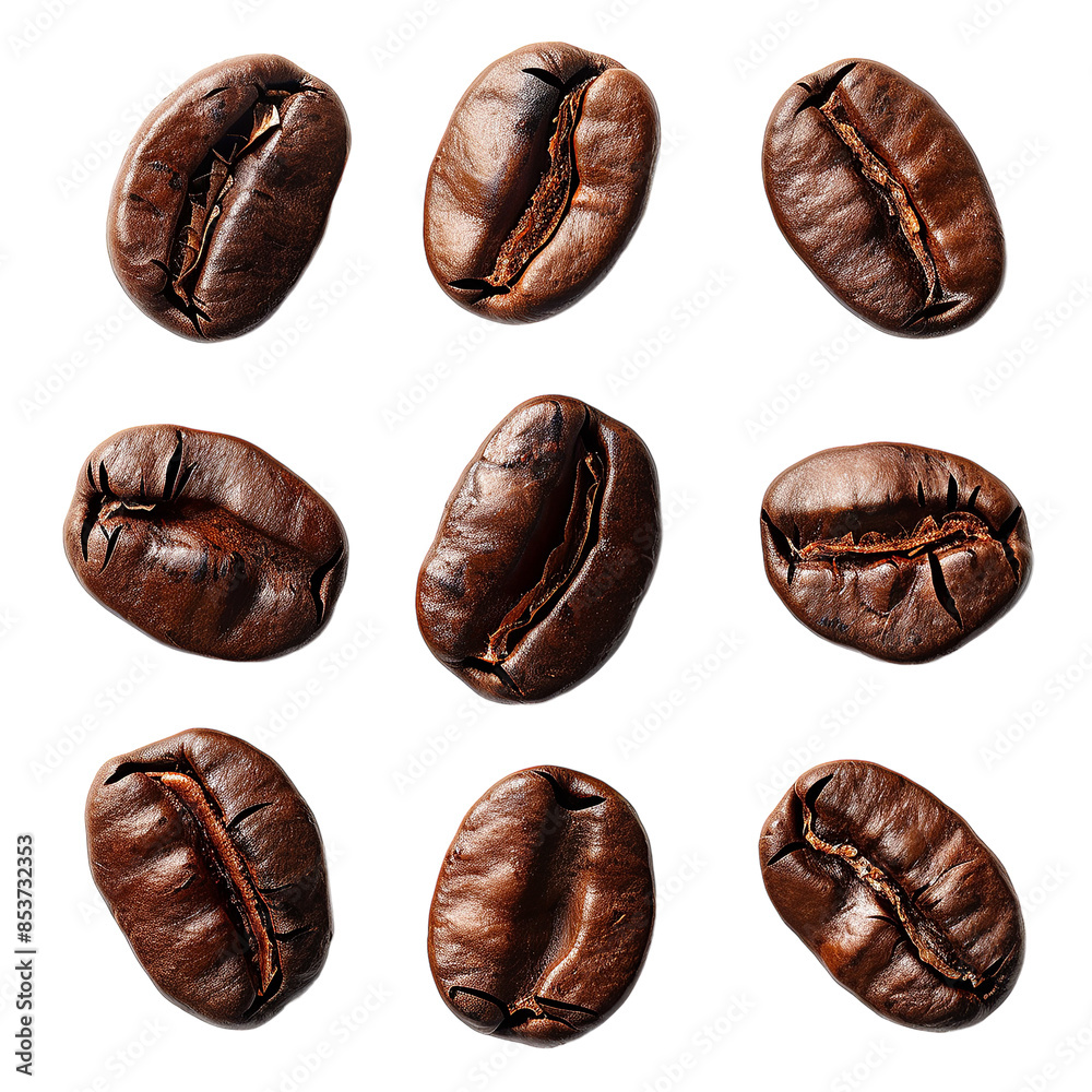 Coffee beans in various positions on white background.