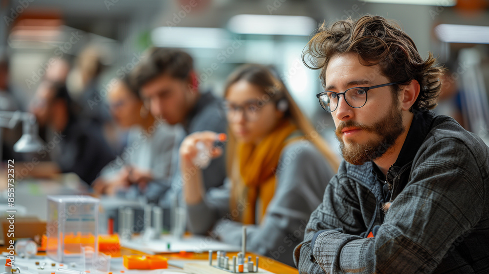 A young man with glasses and a beard sits at a desk in a classroom, focused on something in the foreground. He is surrounded by blurred figures of other students, suggesting a lively environment A young man with glasses and a beard sits at a desk in a classroom, focused on something in the foreground. He is surrounded by blurred figures of other students, suggesting a lively environment