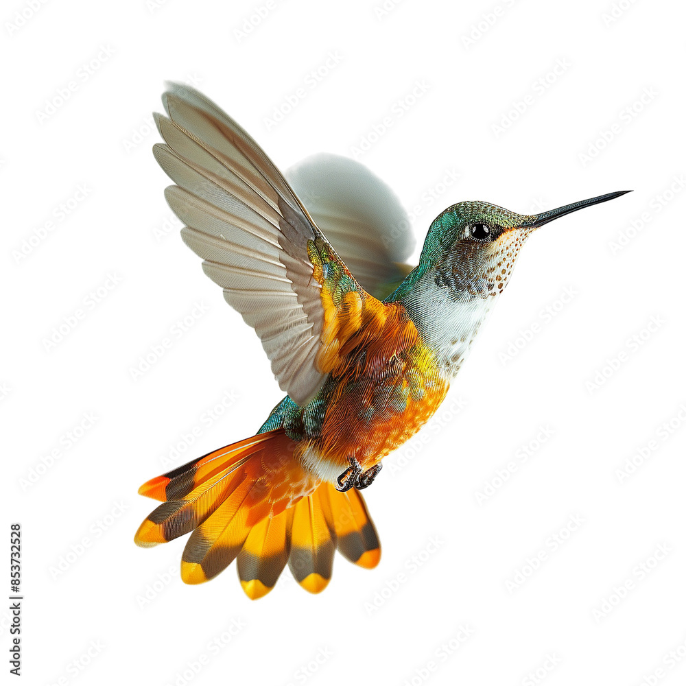 Obraz premium Hummingbird in flight on white background.