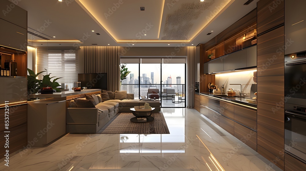 Naklejka premium Modern and stylish open-plan kitchen and living room interior with city view through large windows. 