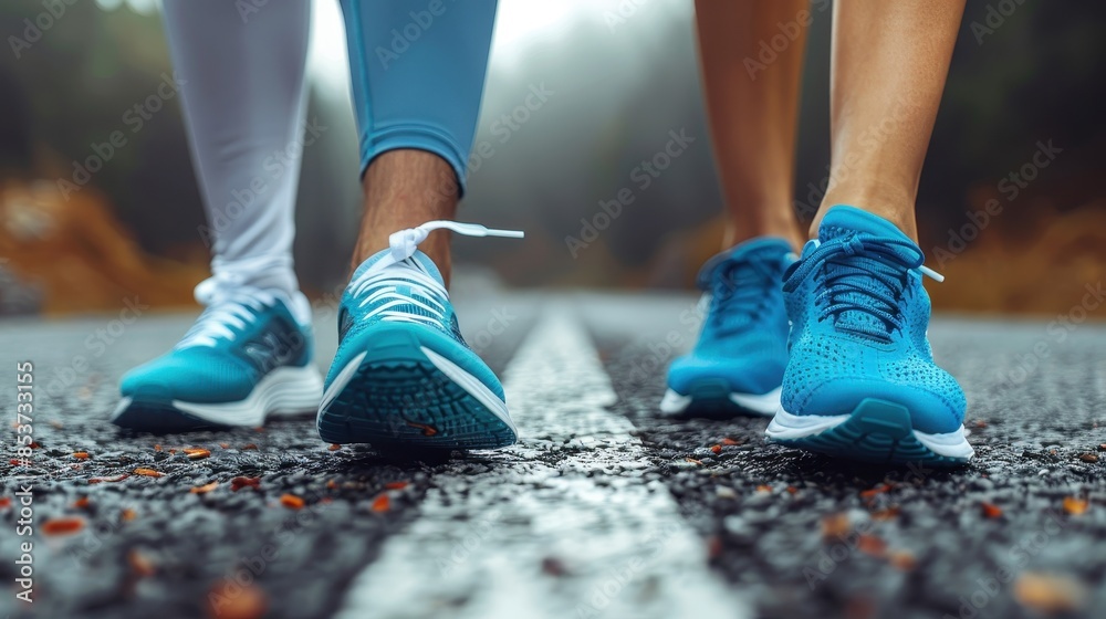 Dynamic image of runners preparing shoes on wet asphalt road, highlighting active lifestyle Dynamic image of runners preparing shoes on wet asphalt road, highlighting active lifestyle