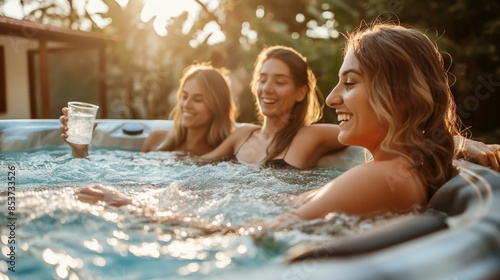 Three friends enjoy a relaxing and fun-filled evening in a hot tub, sharing laughter and drinks under the warm, golden sunlight.