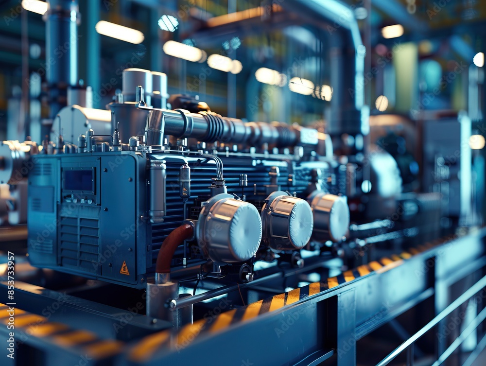 Close-up photo of a high-tech generator in operation at a modern power station, with detailed view of industrial machinery, technology, and power production process Close-up photo of a high-tech generator in operation at a modern power station, with detailed view of industrial machinery, technology, and power production process