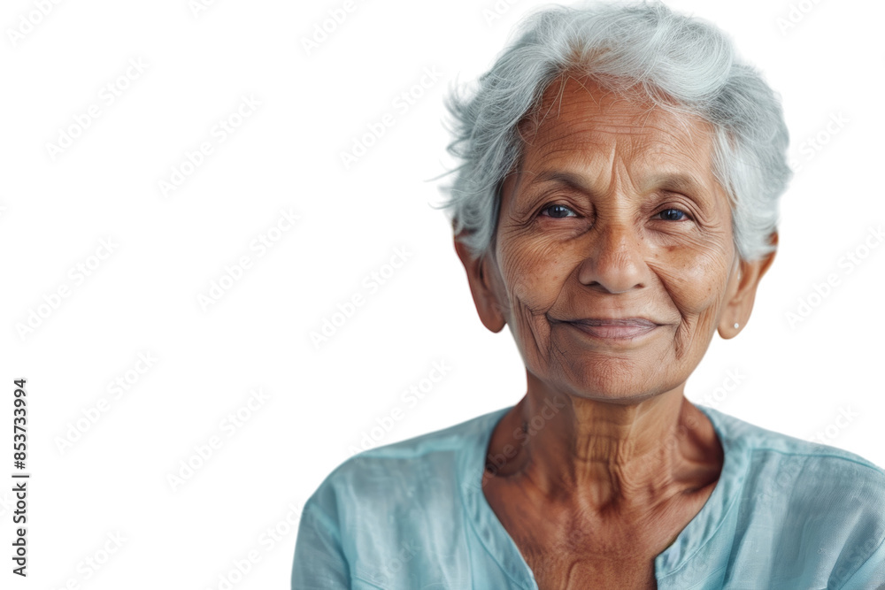 Smiling elderly Indian woman with short hair.