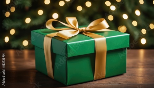 A charming green gift box adorned with a satin bow, ready for celebration on a wooden background.