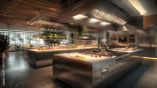 Fototapeta Naklejka Na Ścianę i Meble -  Professional kitchen interior with stainless steel appliances and a warm ambiance highlighted by natural light and indoor greenery. 