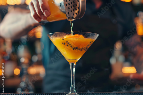 Bartender pours a cocktail into a martini glass photo