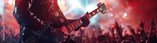 Close-up shot capturing the intense moment of a guitarist delivering a captivating solo, surrounded by a blurred background of excited, singing fans in the crowd at a live music event.