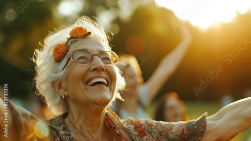 Elderly woman with glasses and flower headband joyfully dancing outdoors in the sunlight. photo