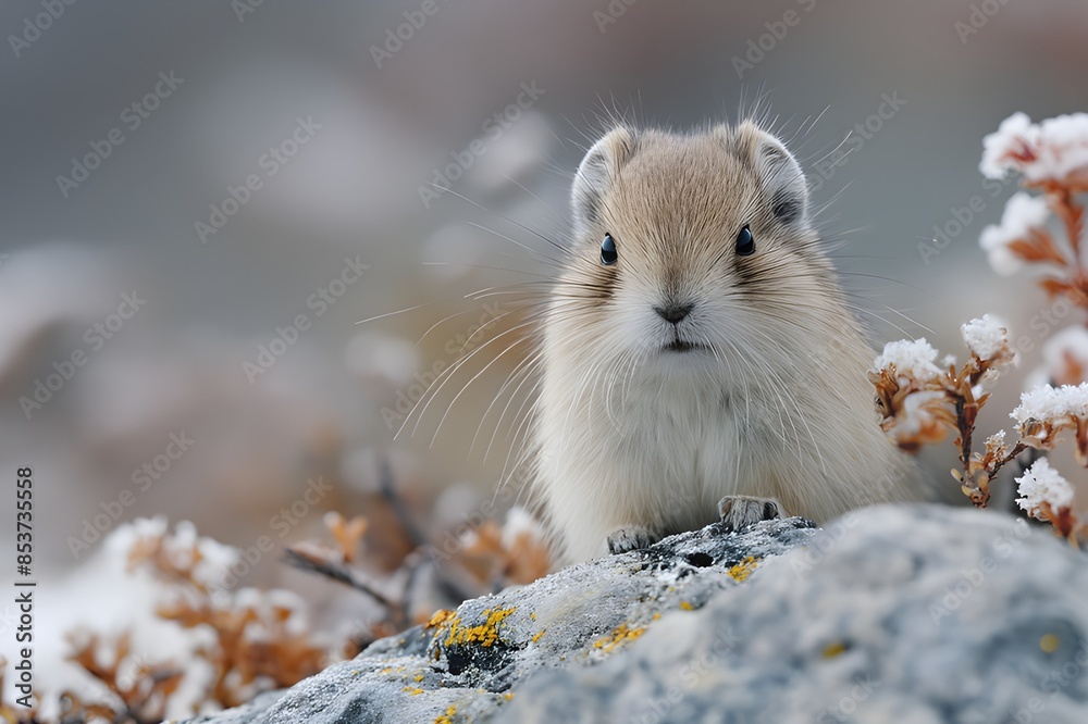 A lemming perches on a frosty rock, surrounded by snow-dusted vegetation A lemming perches on a frosty rock, surrounded by snow-dusted vegetation