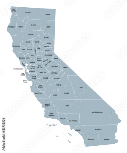 California state counties, gray political map. U.S. state of California subdivided into 58 counties, with San Bernardino County as largest and Los Angeles County as most populous in the United States.