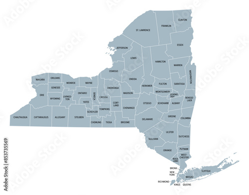 New York State counties, gray political map. New York, a state of the Northeastern United States, one of the Mid-Atlantic states, subdivided into 62 counties. Map with boundaries and county names.
