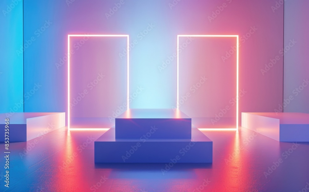 Glowing light boxes on the sides of an empty stage.