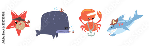 Pirate Sea Animals in Corsair Hats Swim in Ocean Vector Set