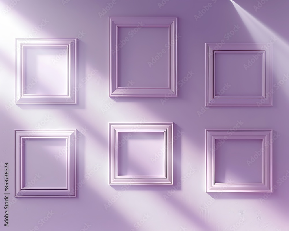 Four empty square frames in a diamond arrangement on a soft lavender wall, each frame under a spotlight, adding a delicate and elegant touch