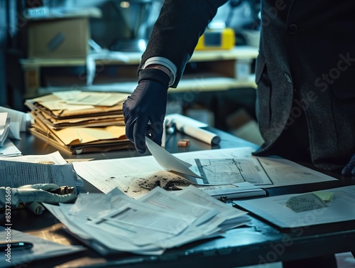 A detective is meticulously examining evidence and documents at a crime scene, focusing on solving the case and bringing justice to the victim through diligent investigation.