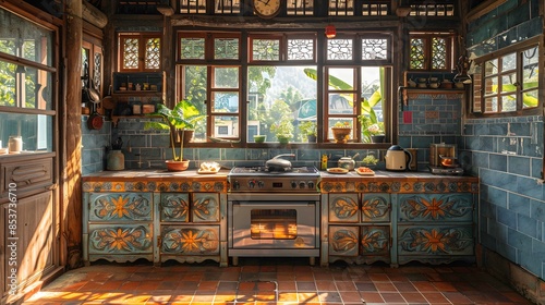 Rustic kitchen interior with sunlight streaming in, showcasing a vintage oven and ceramic tile decoration.