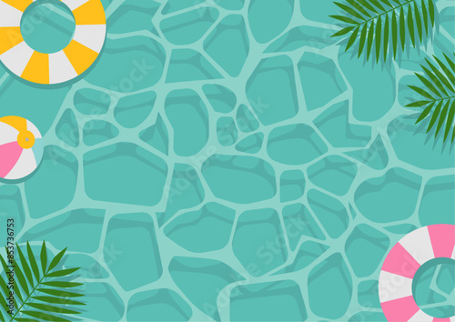 浮き輪やビーチボールが浮かぶ水色の水面のイラスト_横向き
