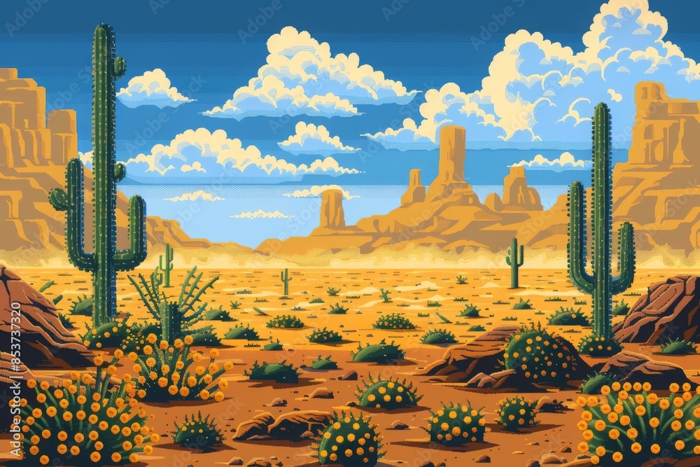 Pixel Art Desert with Cacti and Mesas - 8bit pixel art background Stock ...