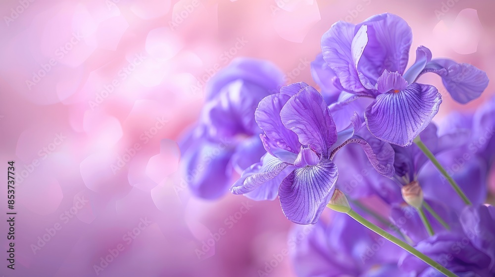 Naklejka premium Lilacs Embrace Close-up of vibrant purple lilac irises in bloom, with a soft pastel background, a visual representation of springs beauty