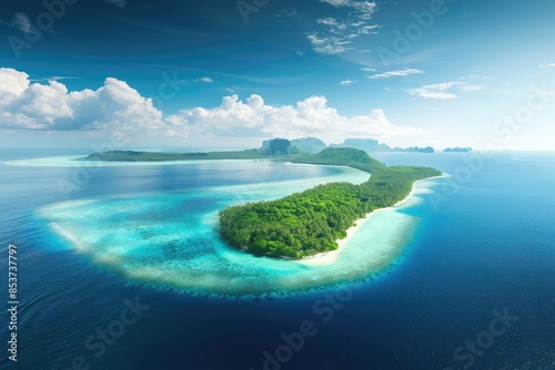 Stunning aerial view of a tropical island surrounded by azure waters, lush greenery, and a vibrant coral reef.