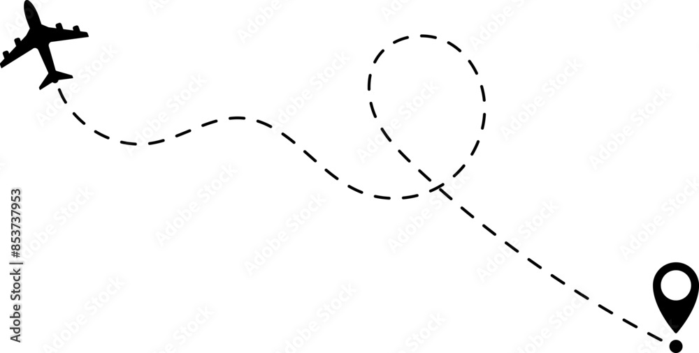 Air plane flight route with start and end point and dash line trace - Airplane line path vector icon Air plane flight route with start and end point and dash line trace - Airplane line path vector icon