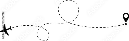 Air plane flight route with start and end point and dash line trace - Airplane line path vector icon