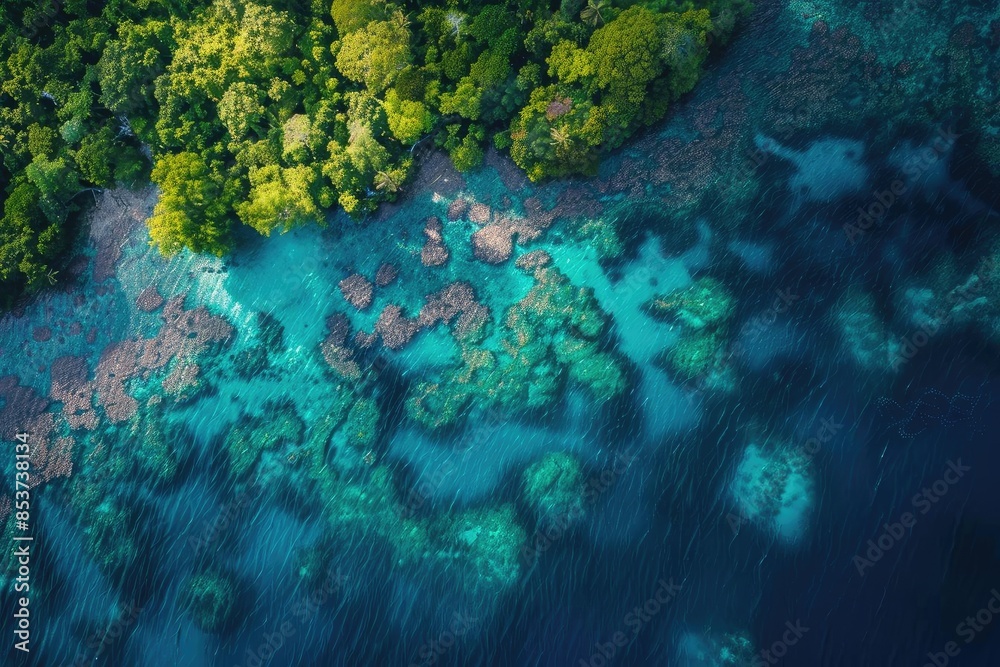 Aerial view of vibrant coral reefs and lush green forest along the coastline, showcasing natural beauty and marine biodiversity.
