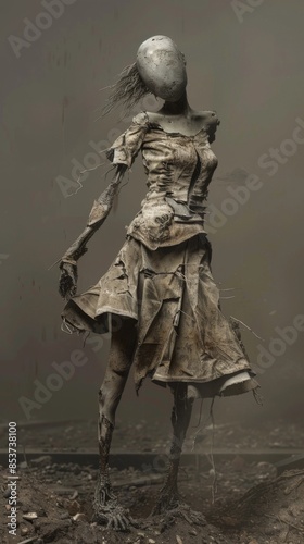 Distorted and Tattered Surreal Dress Amid Dystopian Landscape with Uncanny Anatomical Details