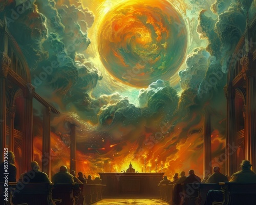 Celestial Courtroom A Mystical Ethereal Scene of Cosmic Legal Disputes Among Celestial Beings