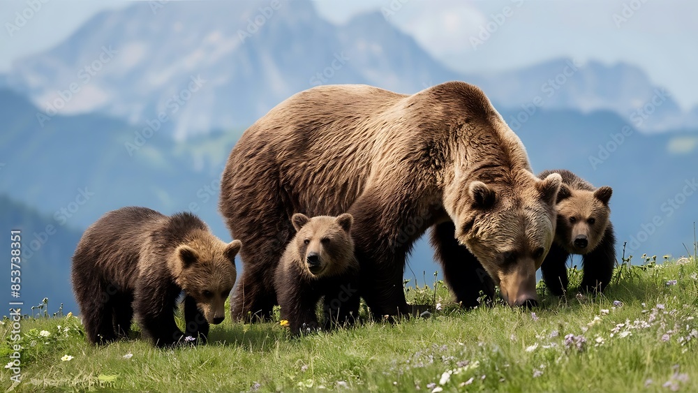Fototapeta premium Brown bear mother with two cubs (High Quality Wallpaper Wild PhotoGraphy)