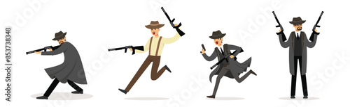 Man Gangster in Coat and Hat with Handgun Vector Set