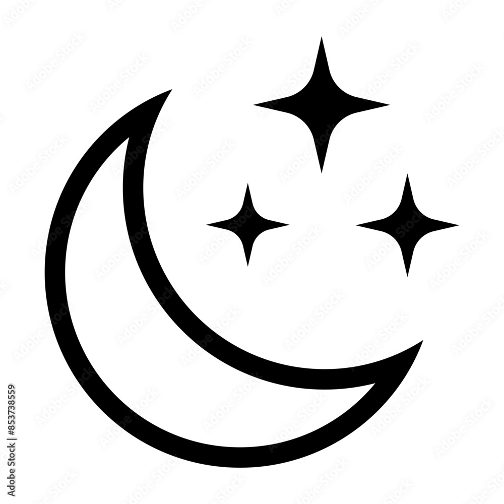 Crescent moon with stars icon on white background. Night icon. Crescent moon icon. Minimalist style. Crescent moon with stars icon on white background. Night icon. Crescent moon icon. Minimalist style.