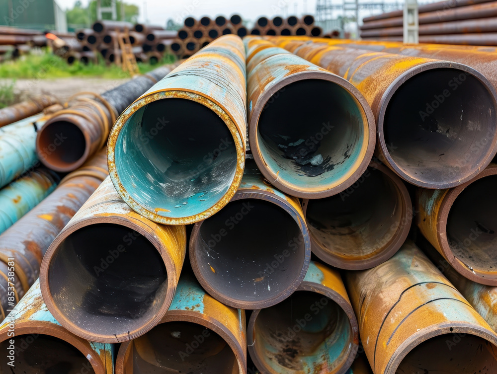Pile of rusty metal pipes at an industrial site, showcasing weathered textures and construction materials. Suitable for industrial and construction themes. Pile of rusty metal pipes at an industrial site, showcasing weathered textures and construction materials. Suitable for industrial and construction themes.