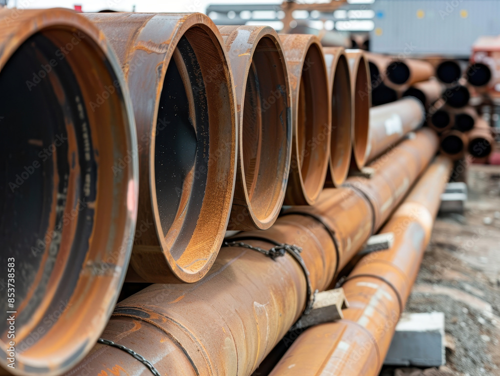 Stack of industrial metal pipes stored outdoors at a construction site, with a focus on their orderly arrangement. Suitable for construction, engineering, or industrial themes. Stack of industrial metal pipes stored outdoors at a construction site, with a focus on their orderly arrangement. Suitable for construction, engineering, or industrial themes.