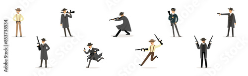 Man Gangster in Coat and Hat with Handgun Vector Set