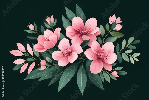 watercolor illustration of purple, pink, magenta, and red flowers with green leaves set against a dark green background. This botanical art concept beautifully captures the vibrant colors.